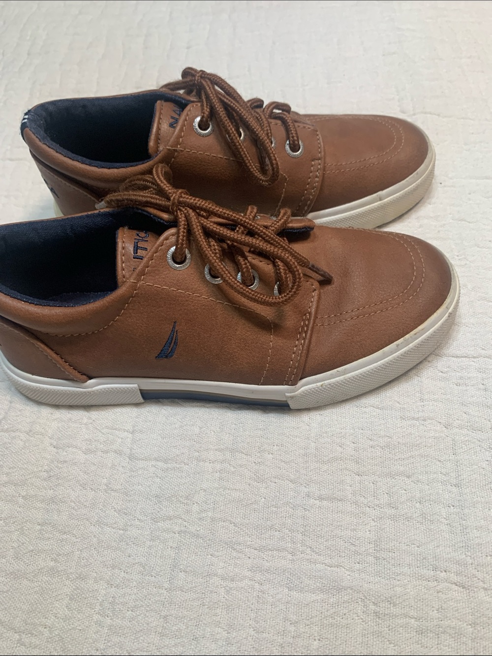 Nautica Kids Brown Leather-Style Lace-Up Boat Shoes with White Sole